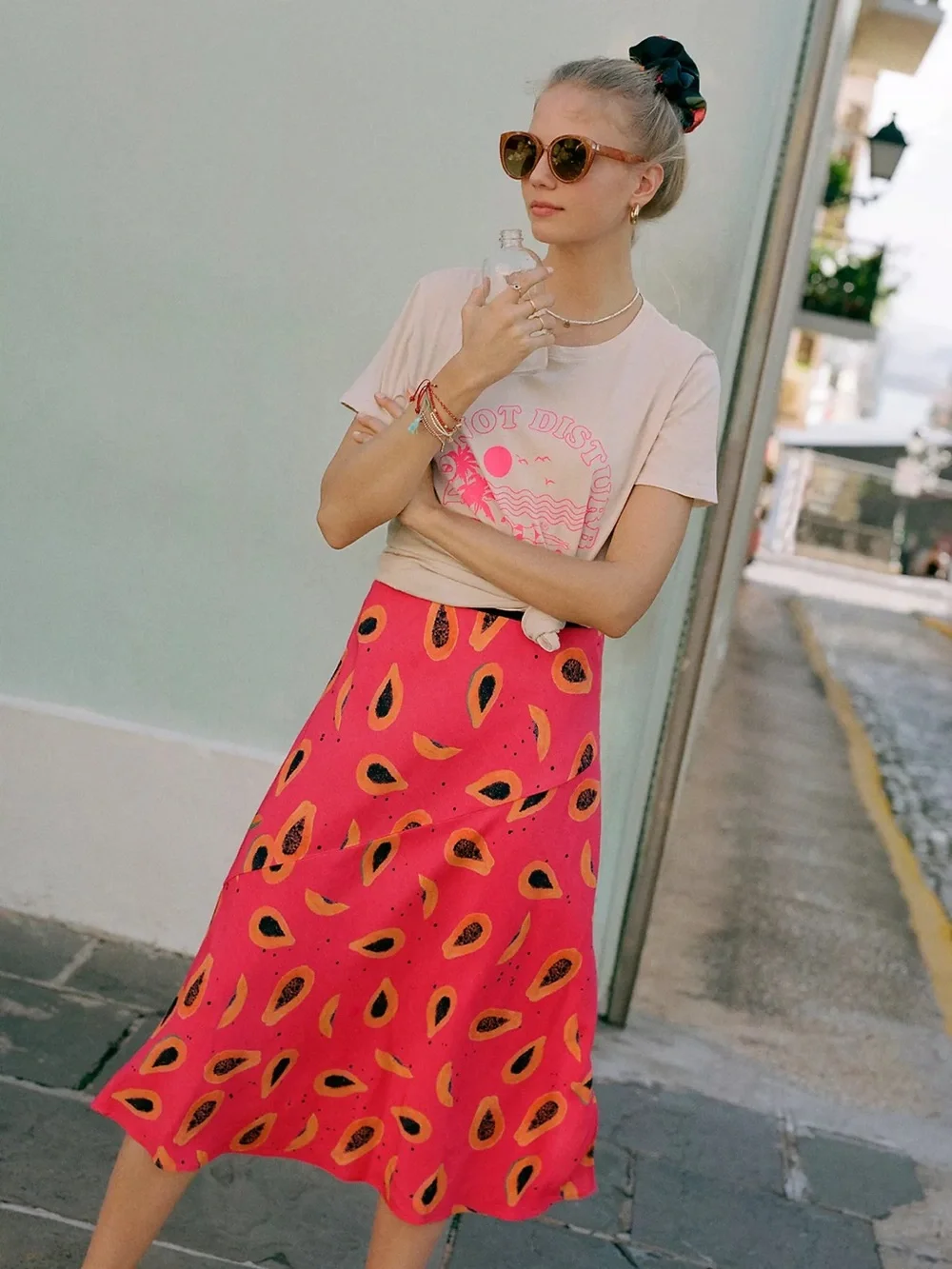 NWT Anthropologie Abstract Midi Skirt Papayas Pink Yellow L Large
